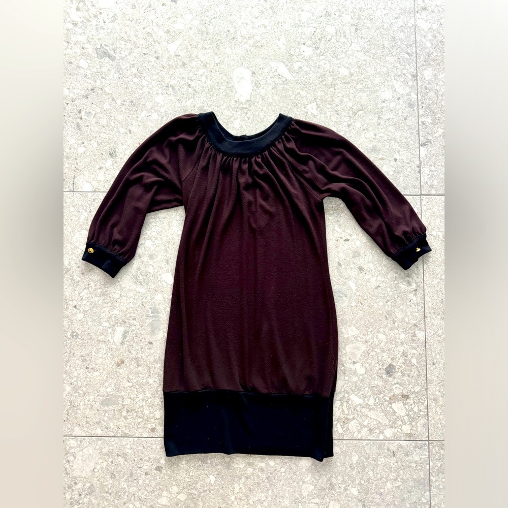 T-BAGS XS Lightweight Mini Sweater Dress Black Brown Gold Buttons 3/4 Sleeve